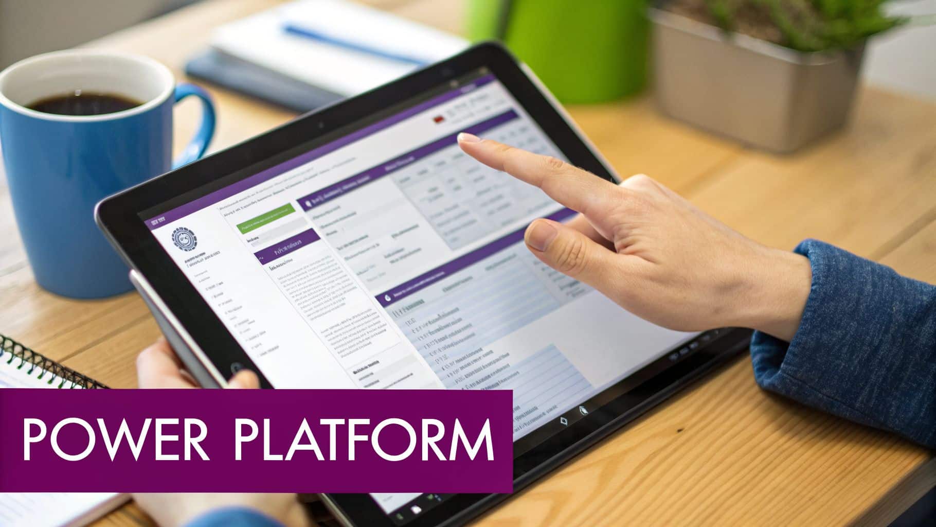 A person's hand interacts with a tablet displaying a business application, next to a coffee mug and plants.