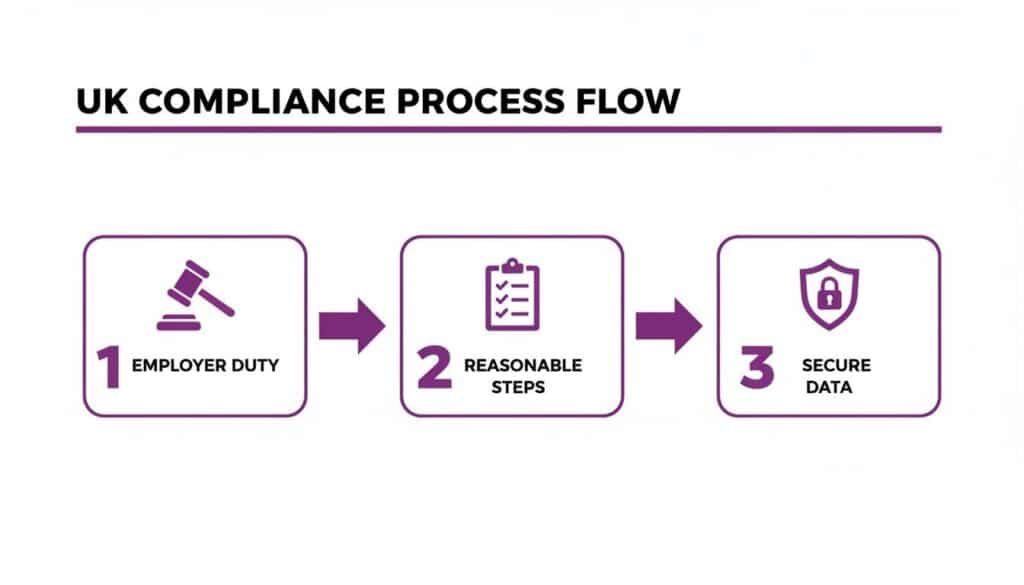 A flowchart showing the three steps of the UK compliance process: Employer Duty, Reasonable Steps, and Secure Data.