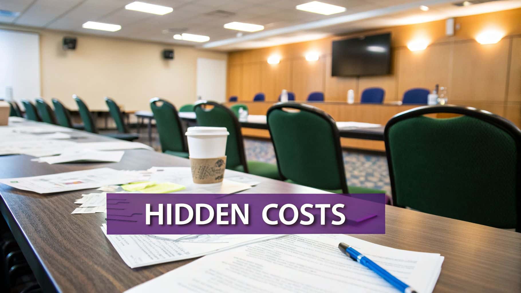 A meeting room with papers, coffee, and a pen on a table, highlighting 'HIDDEN COSTS'.