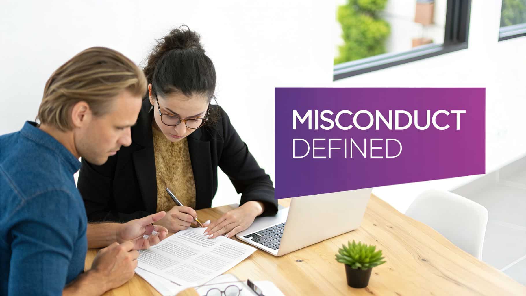 Two professionals review documents at a desk with a laptop and a 'MISCONDUCT DEFINED' banner.