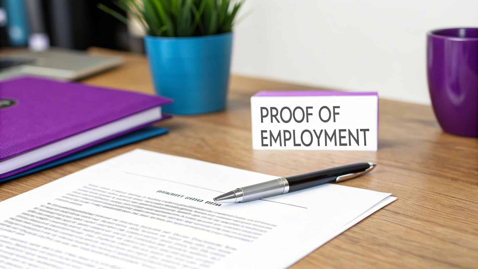 A document, pen, and a box labeled 'PROOF OF EMPLOYMENT' on a wooden desk.