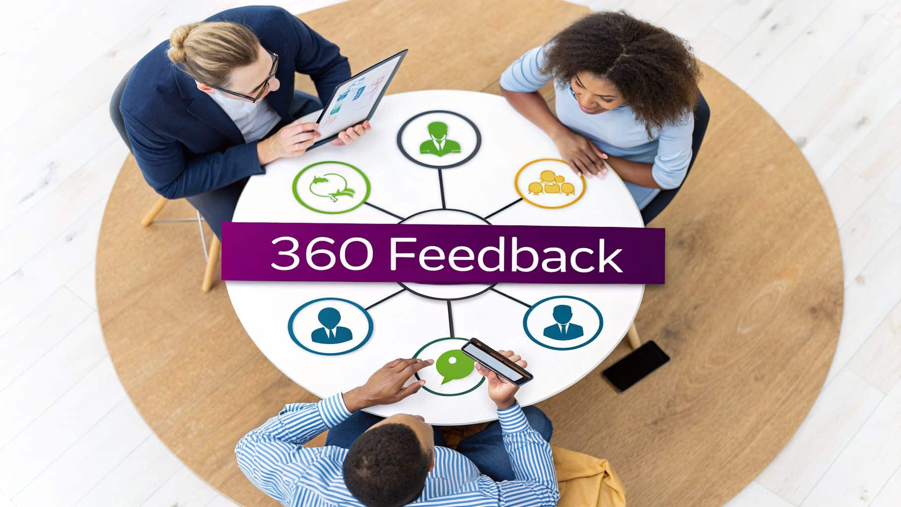 Three diverse people around a table interacting with a 360 Feedback system graphic.