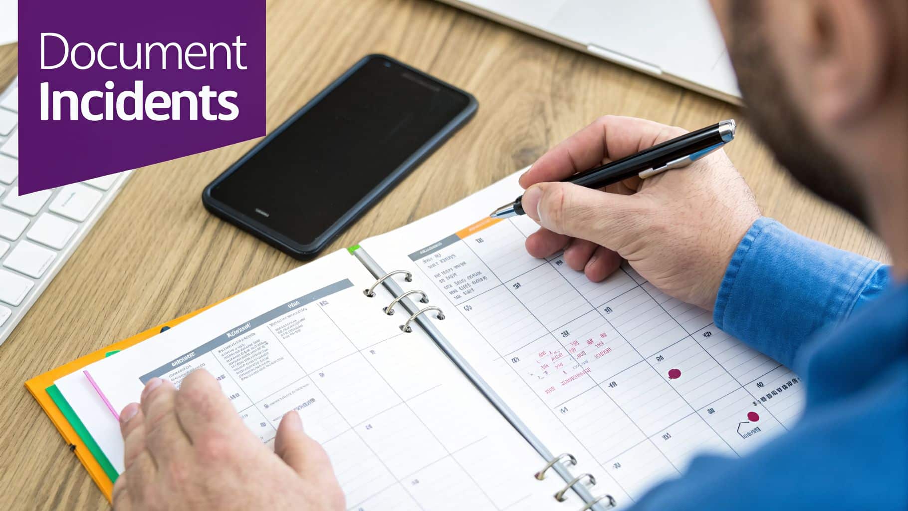 A person's hands writing in an open ring-bound planner or diary on a wooden desk, documenting incidents.