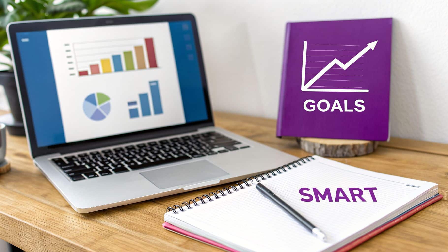 A laptop showing business charts, a purple 'GOALS' book, and a 'SMART' notebook on a wooden desk.