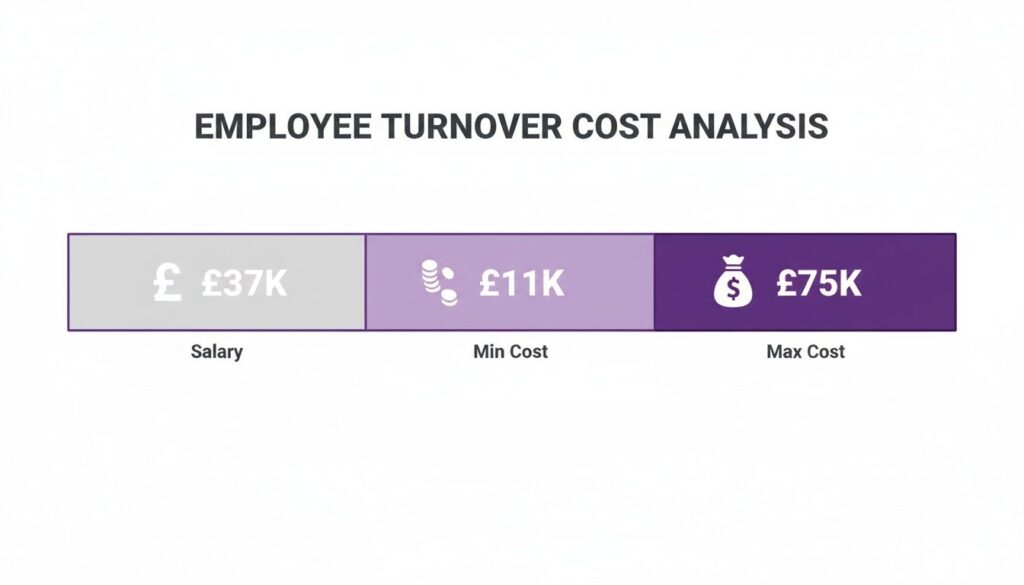 An employee turnover cost analysis chart detailing salary, minimum, and maximum costs.