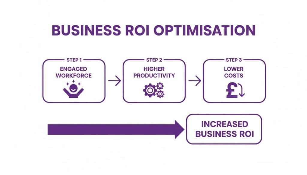Infographic illustrating business ROI optimization steps: engaged workforce, higher productivity, lower costs, leading to increased ROI.