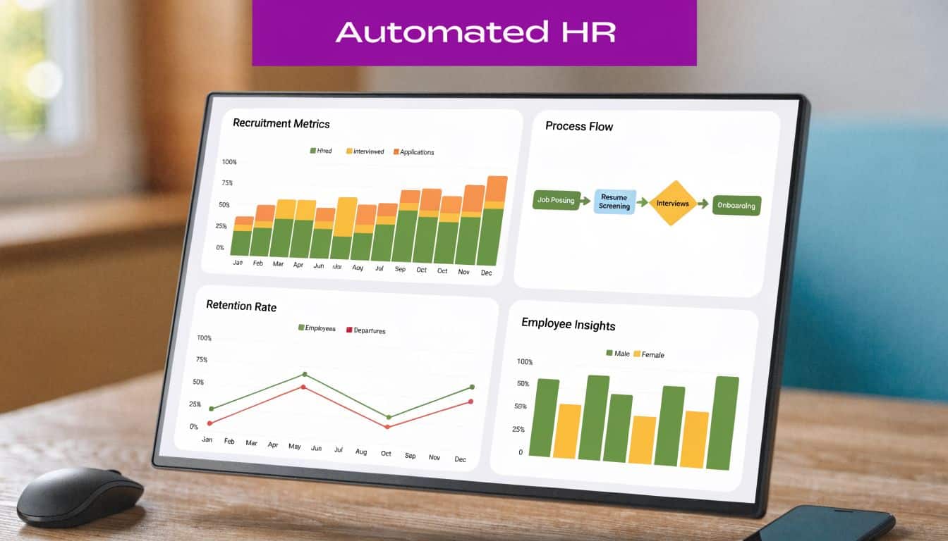 A digital display monitor on a desk showing an Automated HR dashboard with recruitment and retention metrics.