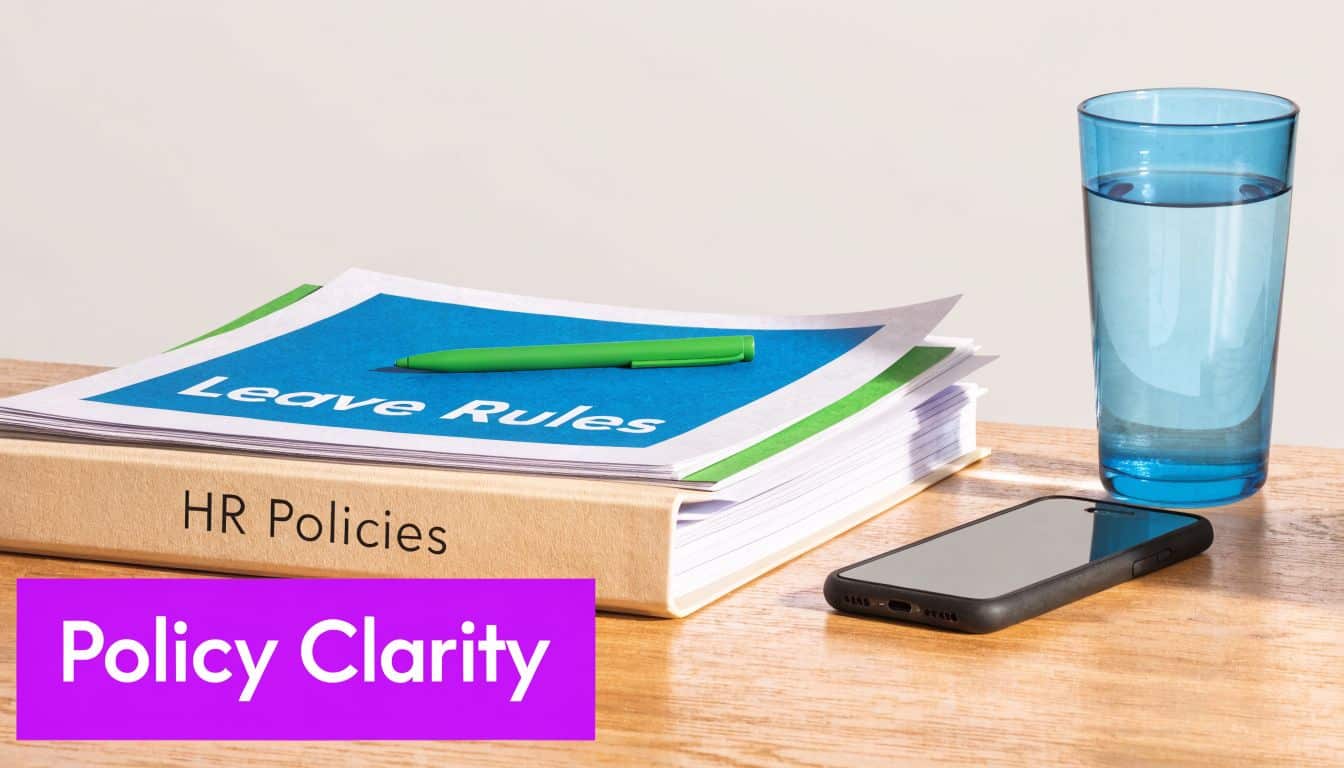 A stack of HR policy documents and a pen on a desk beside a smartphone and water glass.