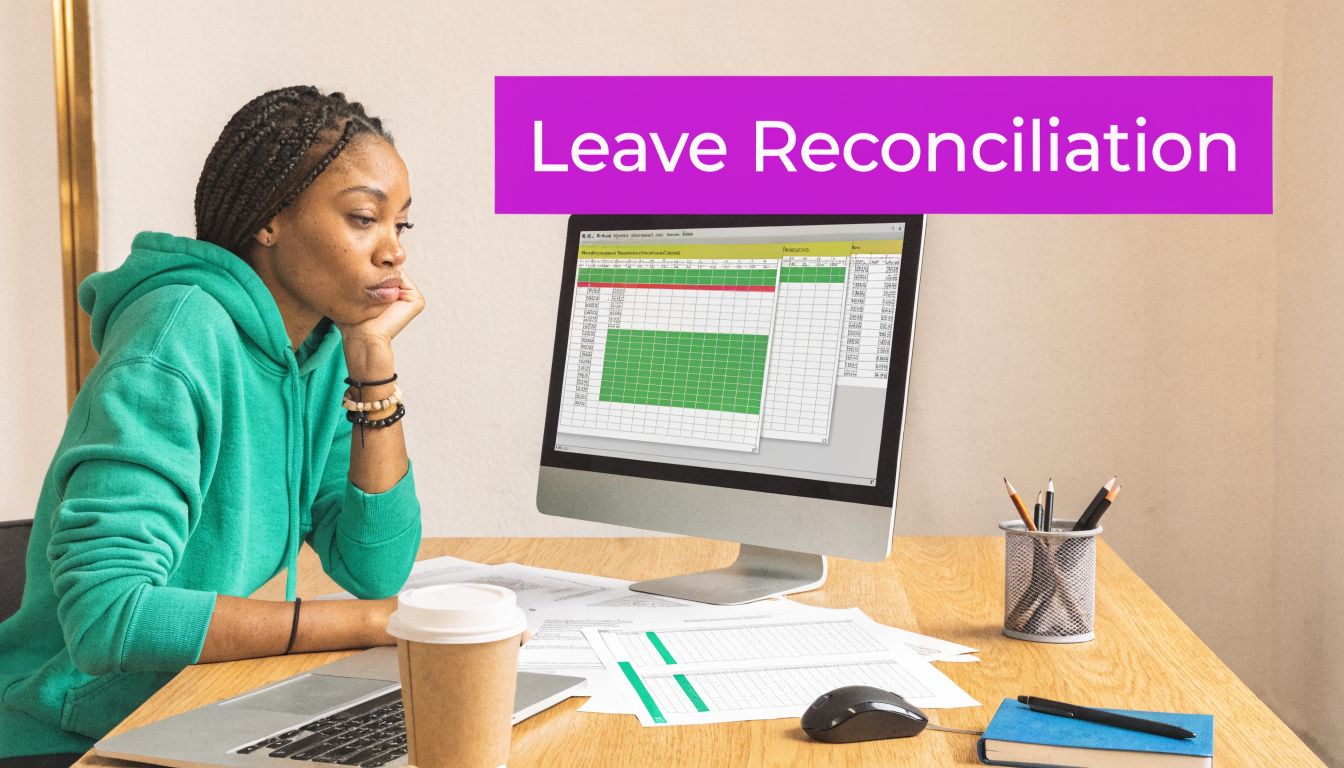 A woman in a green hoodie looking at a computer monitor while working on leave reconciliation documents.