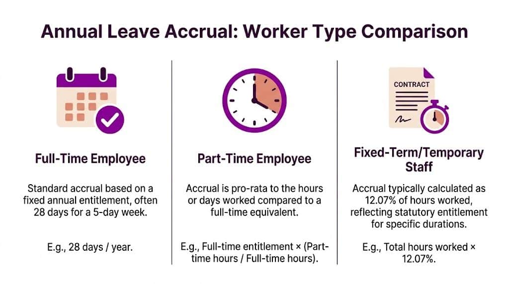 A comparison chart explaining how annual leave accrual is calculated for different types of workers.