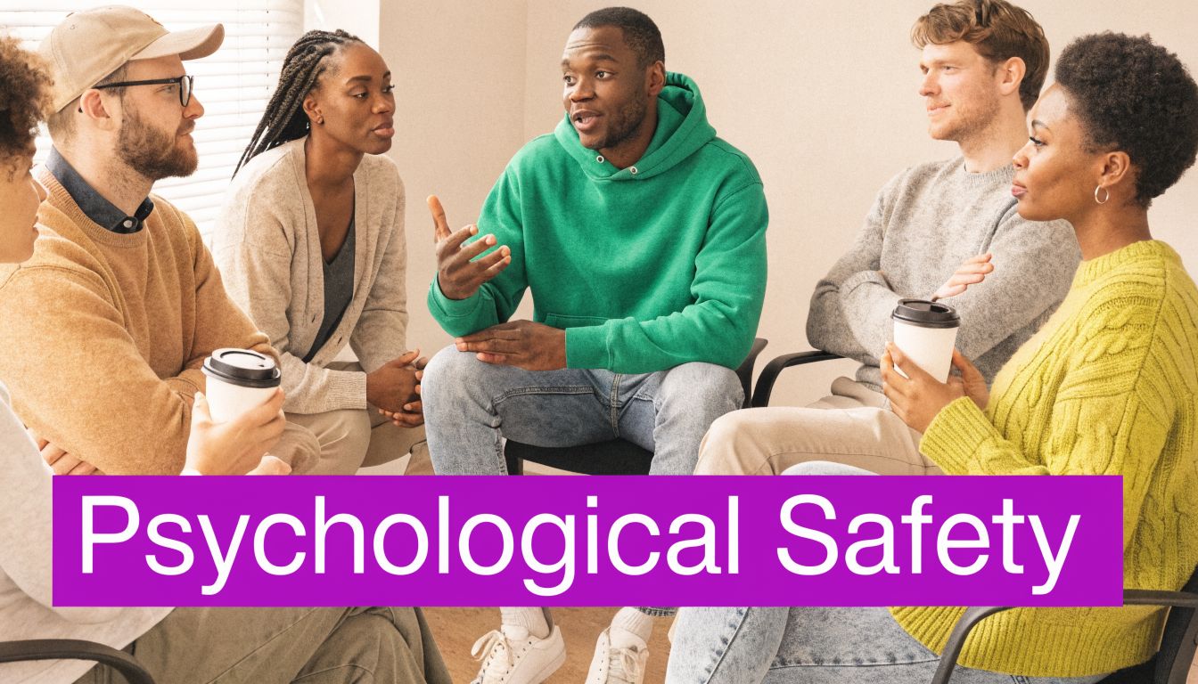 A diverse group of professionals sitting in a circle having a meeting with a psychological safety text overlay.