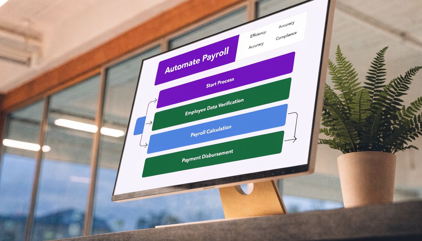 A computer monitor displaying an automated payroll process flowchart on a desk with a plant.