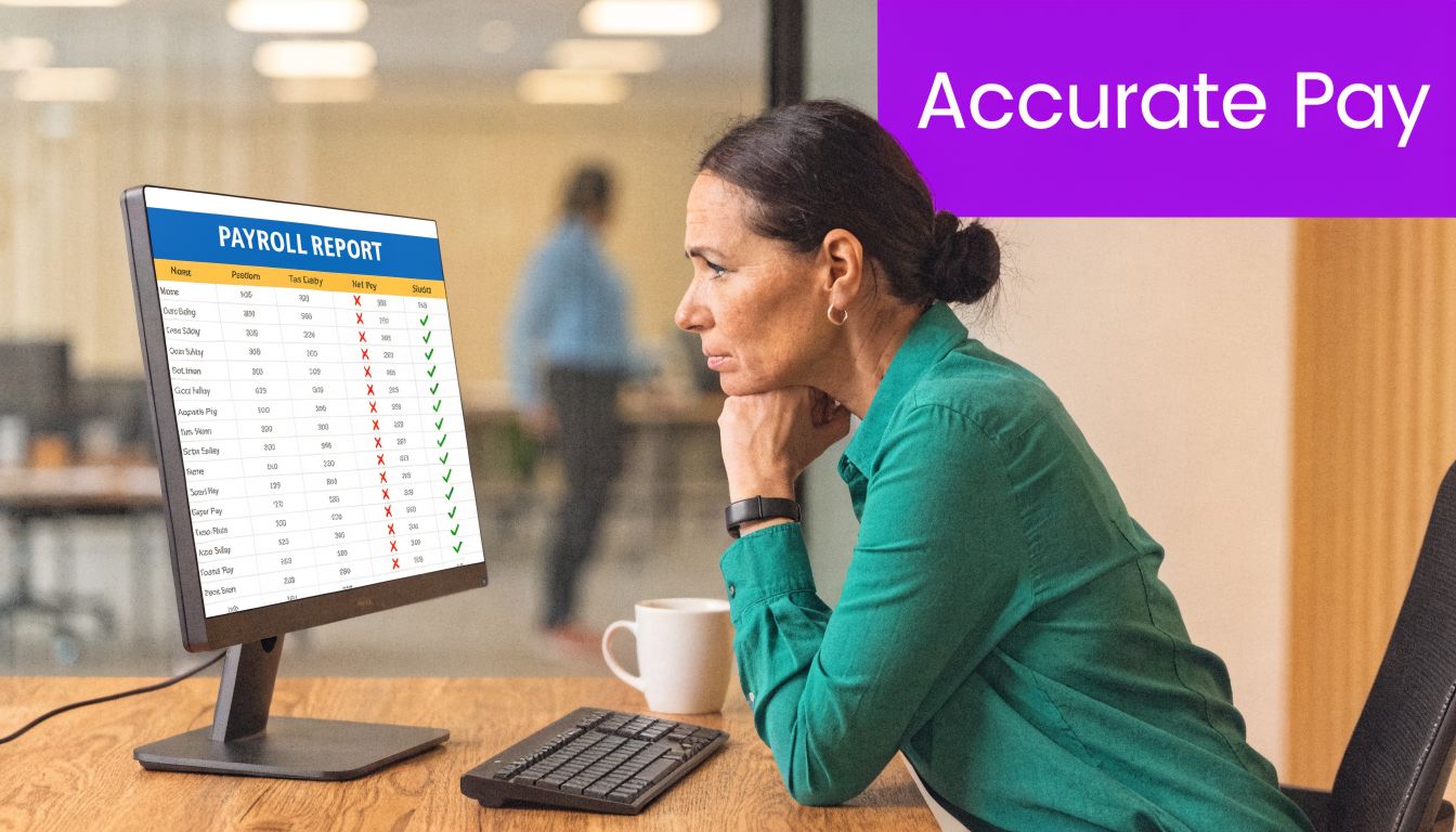 A professional woman looking focused while analyzing a payroll report on her computer screen at work.