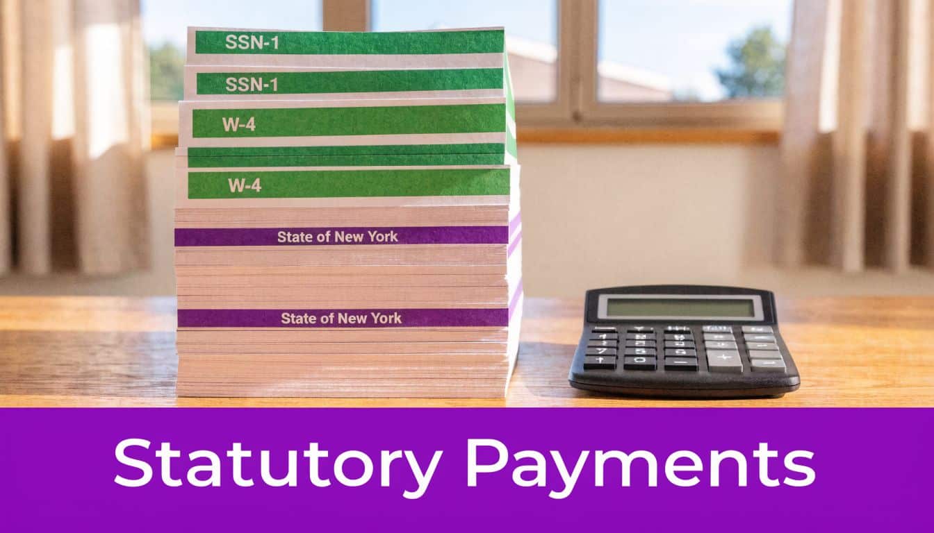 A stack of paperwork labeled with tax forms and New York state documents next to a calculator.