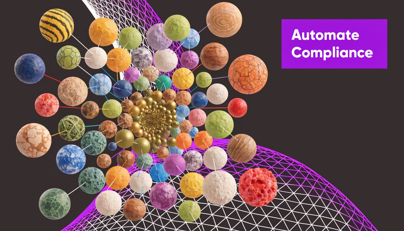 A digital graphic of interconnected spheres with a purple wireframe mesh and Automate Compliance text.