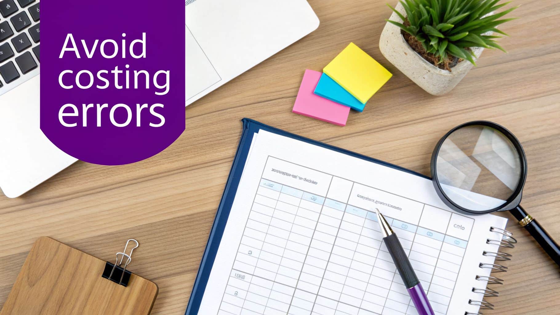 Overhead view of a desk with a laptop, ledger, magnifying glass, and a sign stating 'Avoid costing errors'.