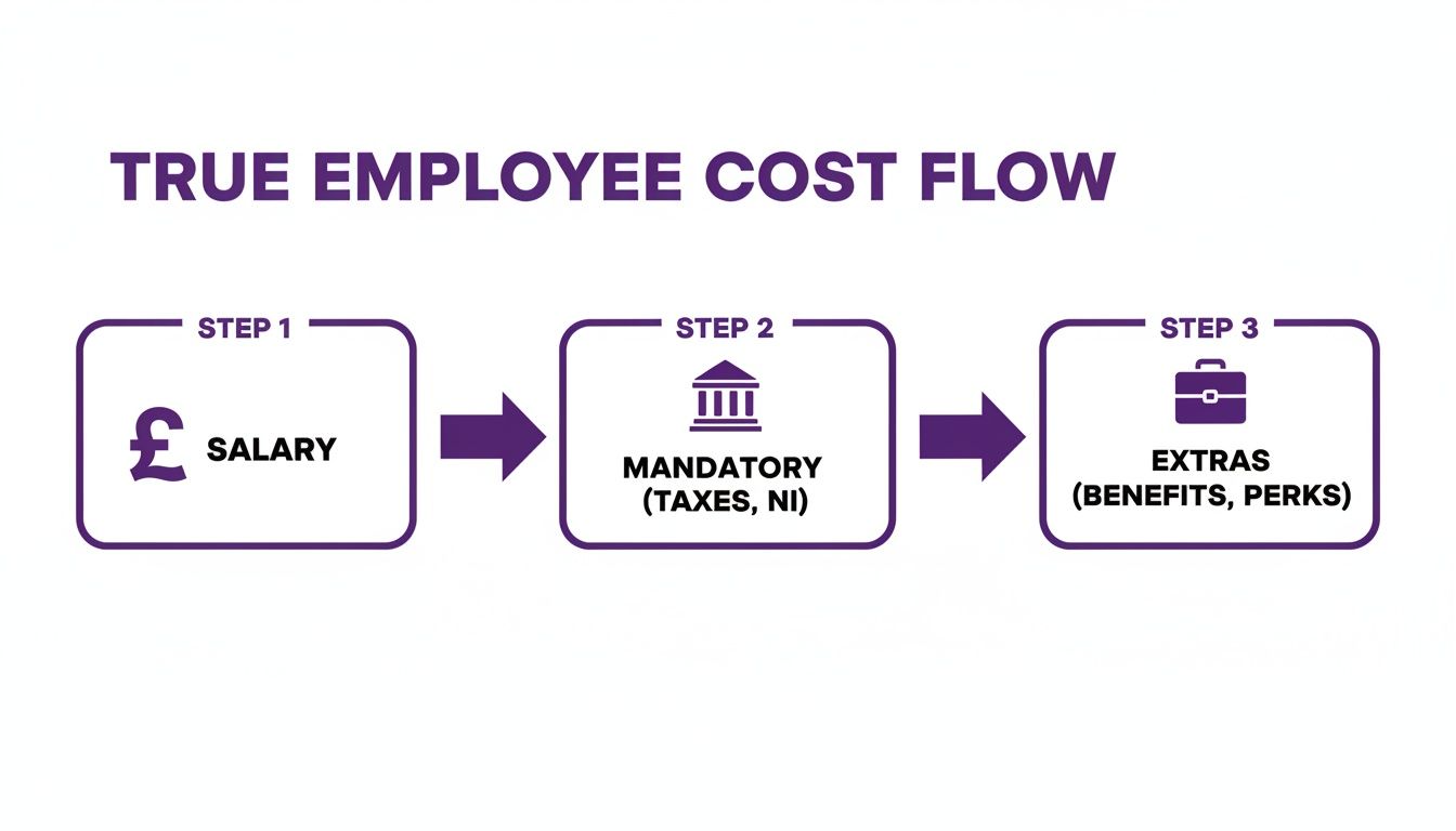 A flow diagram showing true employee cost components: salary, mandatory taxes (NI), and extras (benefits, perks).