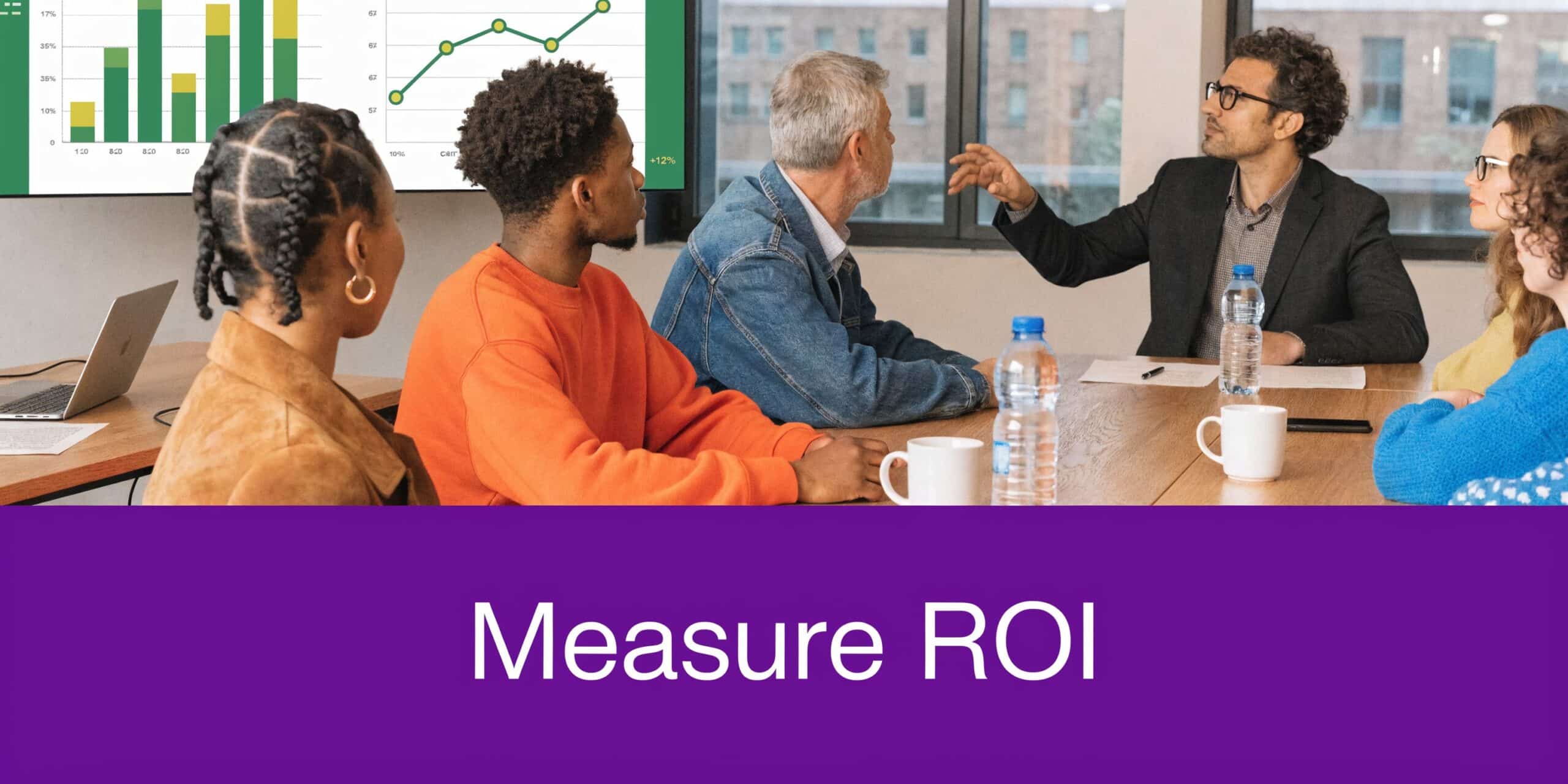 A diverse group of professionals collaborating and discussing data in a bright, modern corporate meeting room.