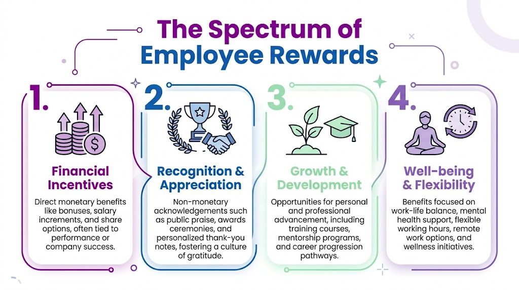 An infographic titled The Spectrum of Employee Rewards detailing four categories: financial incentives, recognition, development, and well-being.