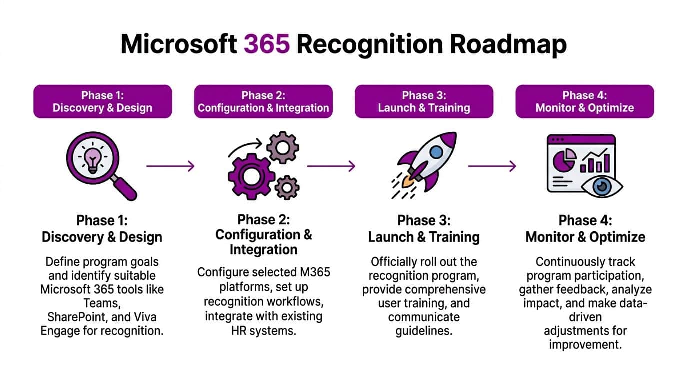 A four-phase roadmap illustrating the process for implementing an employee recognition program using Microsoft 365 tools.