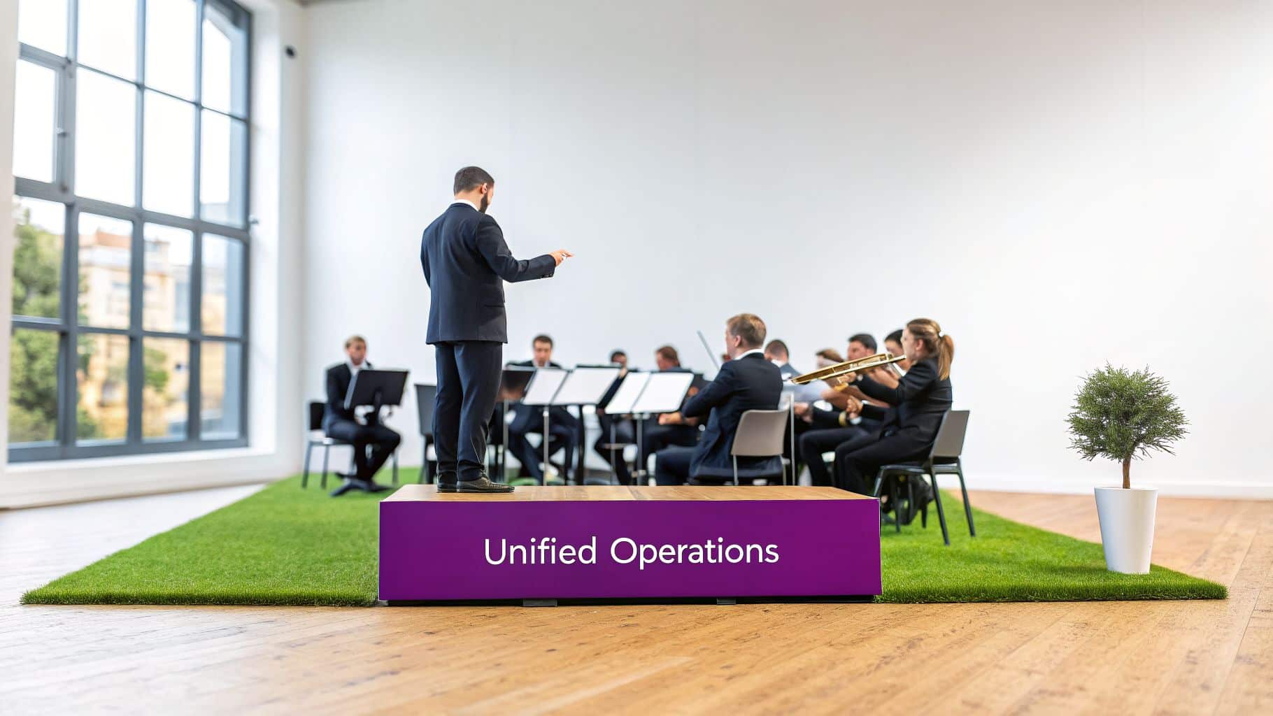 A conductor on a purple stage directs an orchestra, symbolizing unified business operations and teamwork.