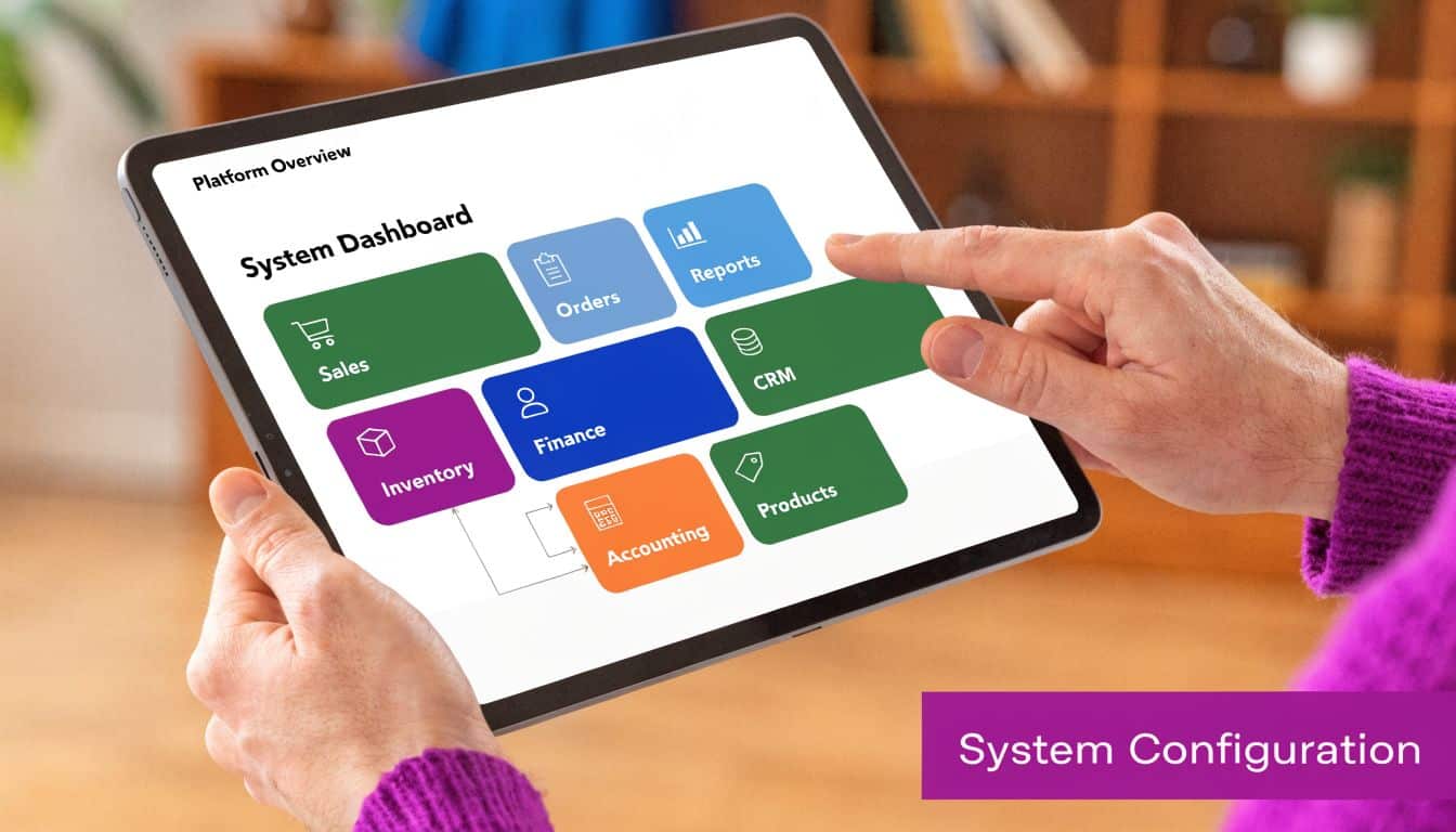 A person using a tablet to navigate an ERP system dashboard with various business management icons.