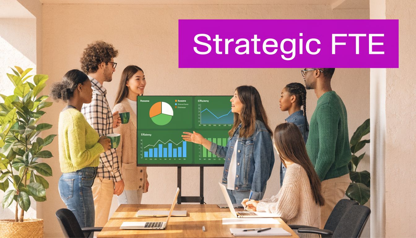 A team of diverse colleagues gathered around a presentation screen to discuss business metrics and strategic planning.