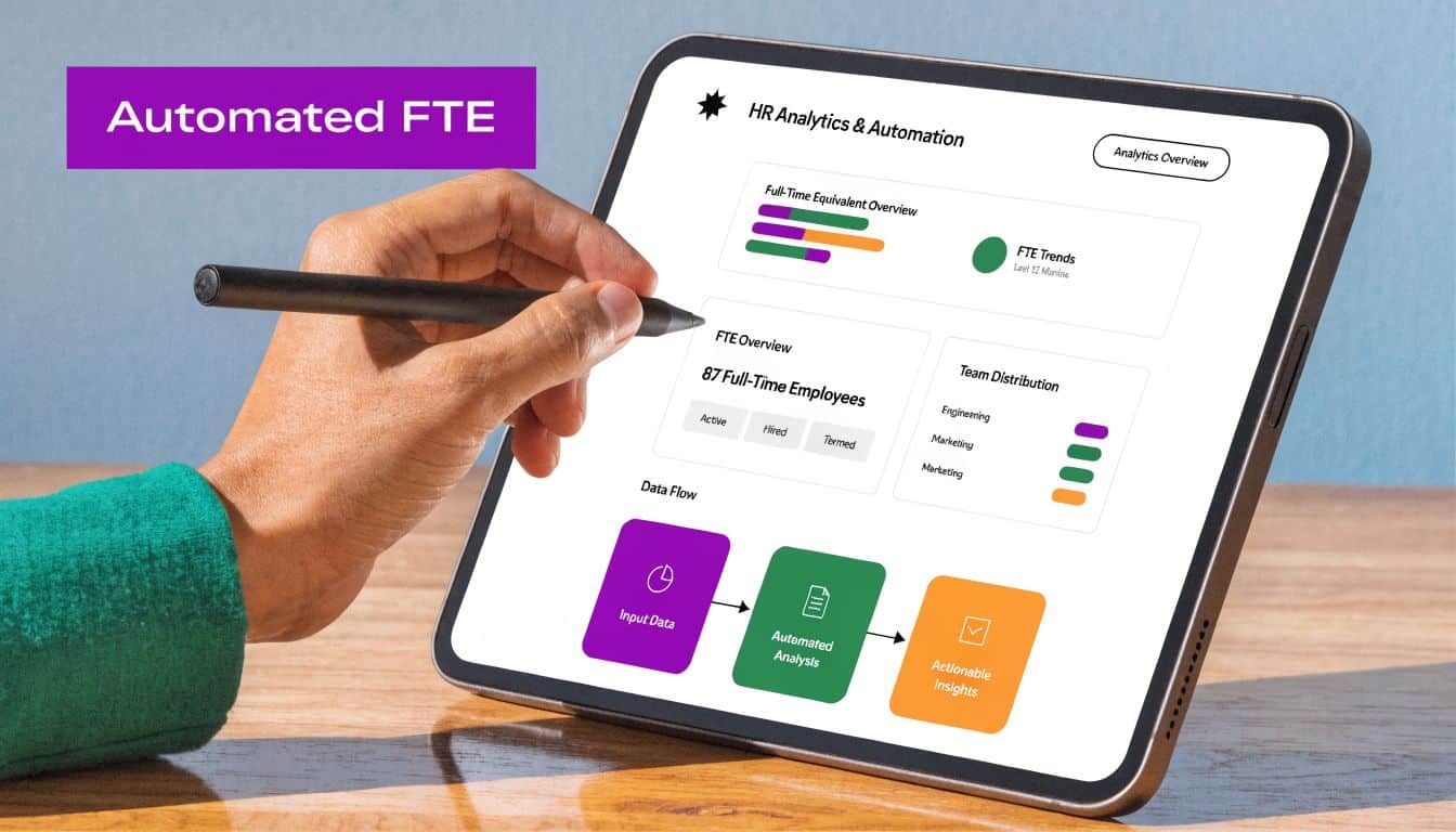 A hand using a digital pen on a tablet displaying HR analytics and FTE automation dashboards.