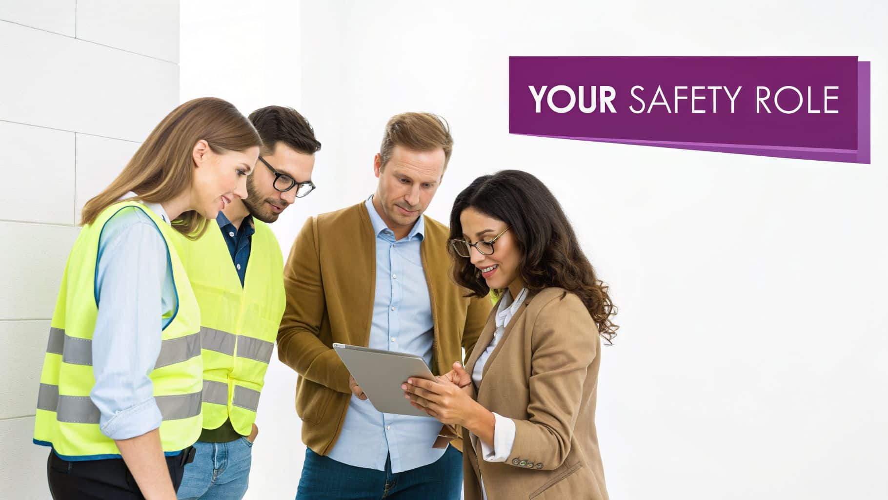 A diverse team discusses safety on a tablet, two wearing high-visibility vests, with 'YOUR SAFETY ROLE' text.