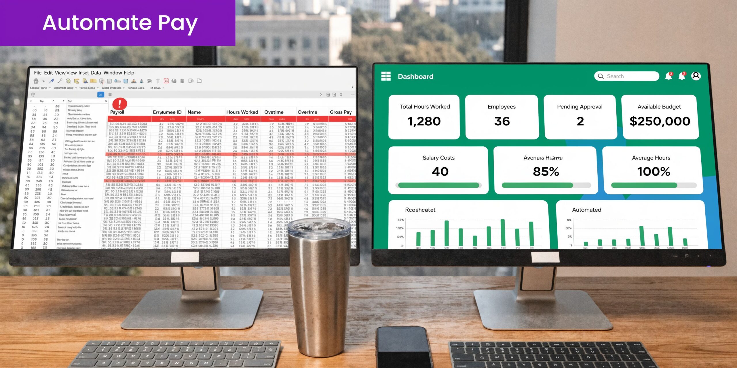 A modern workspace with two monitors displaying payroll data and a dashboard on a wooden desk.