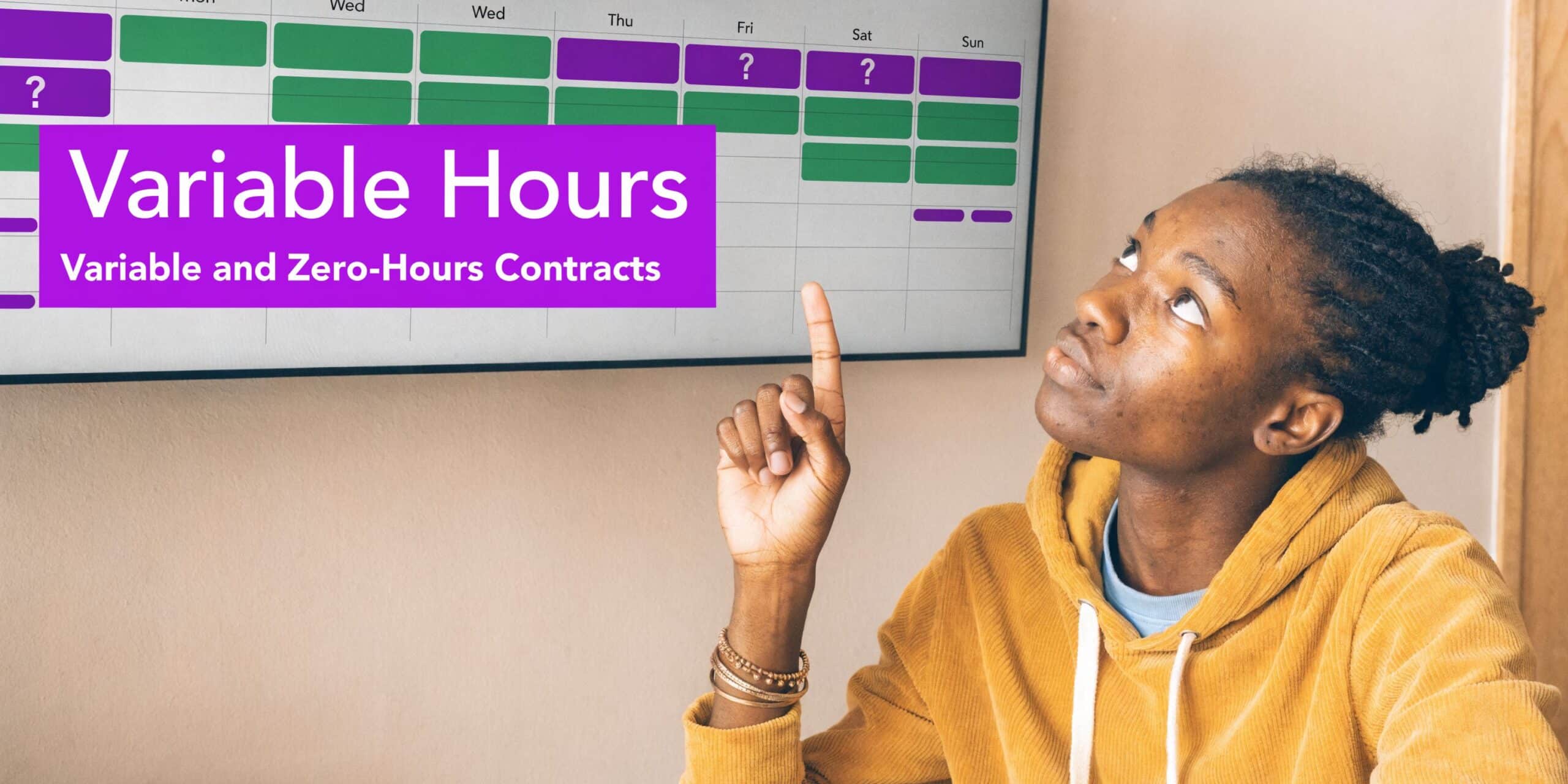 A person looking up at a digital screen displaying a calendar schedule about variable hours and contracts.