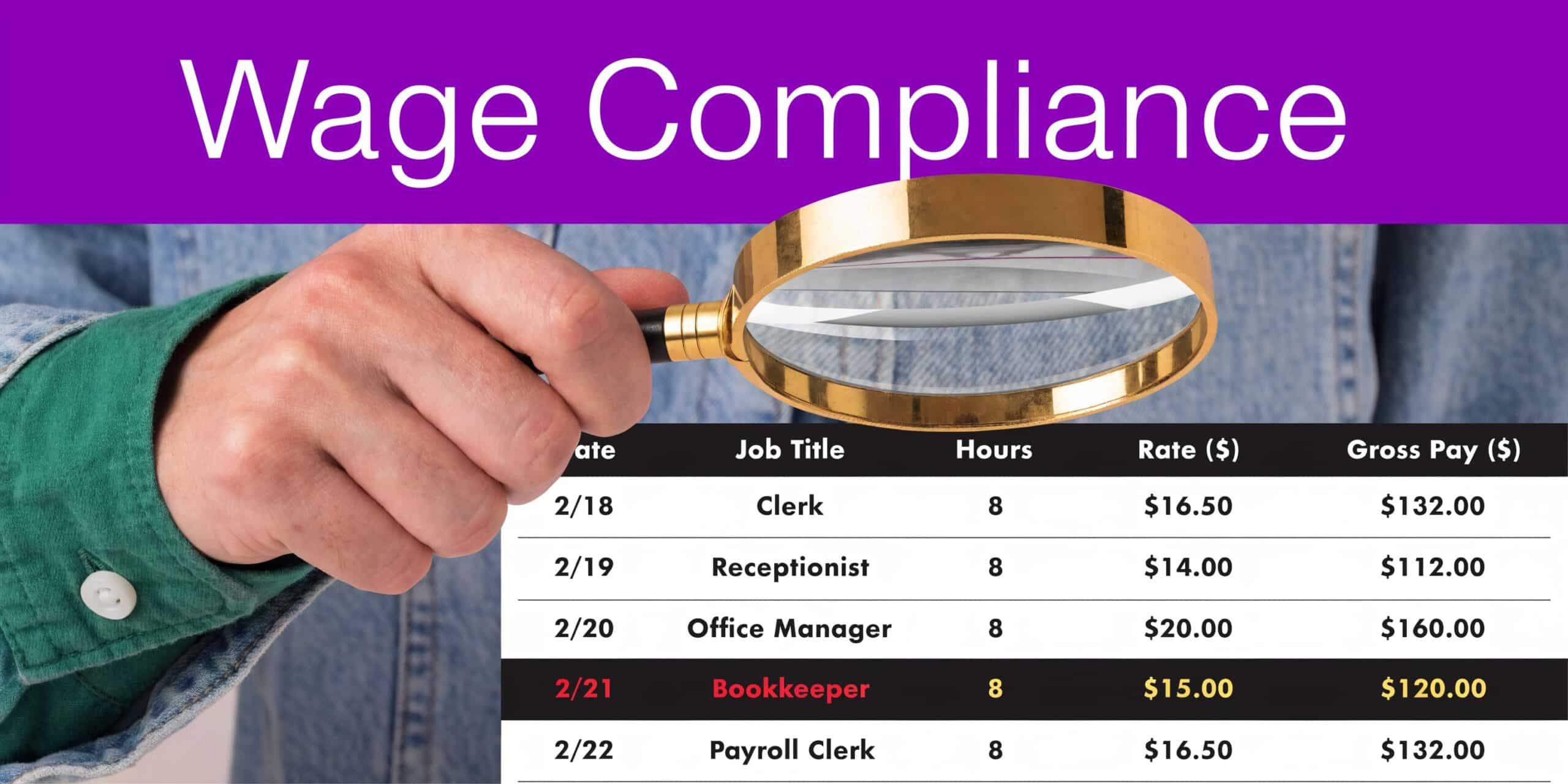 A magnifying glass inspects a table detailing employee work hours, job titles, hourly rates, and gross pay.
