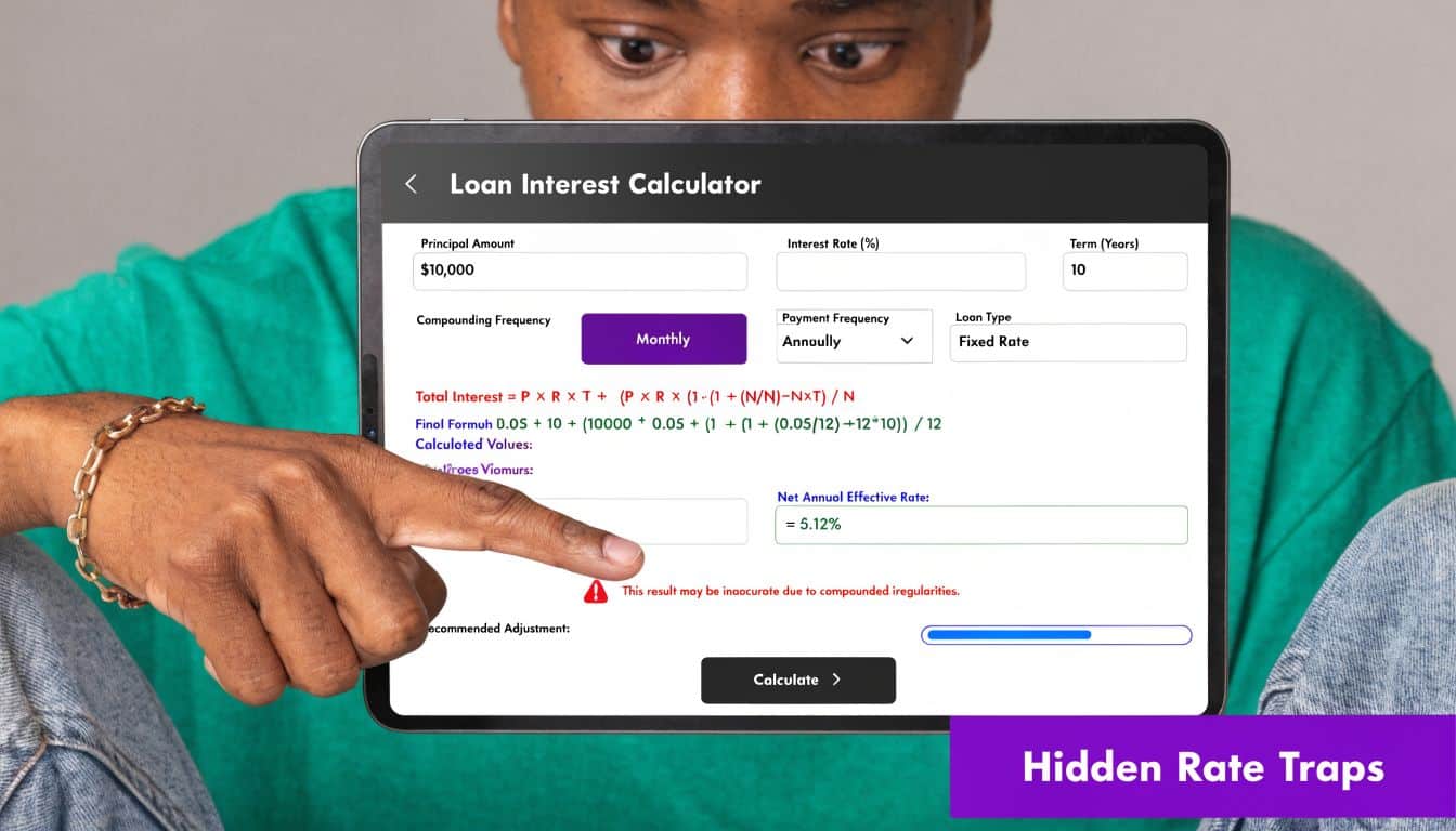 A person using a tablet to navigate a complex online loan interest calculator with visible formulas.