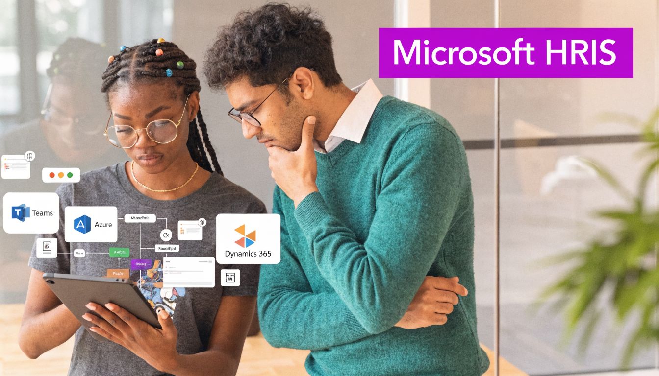 A man and a woman look at a tablet displaying Microsoft Dynamics 365 and other software icons.