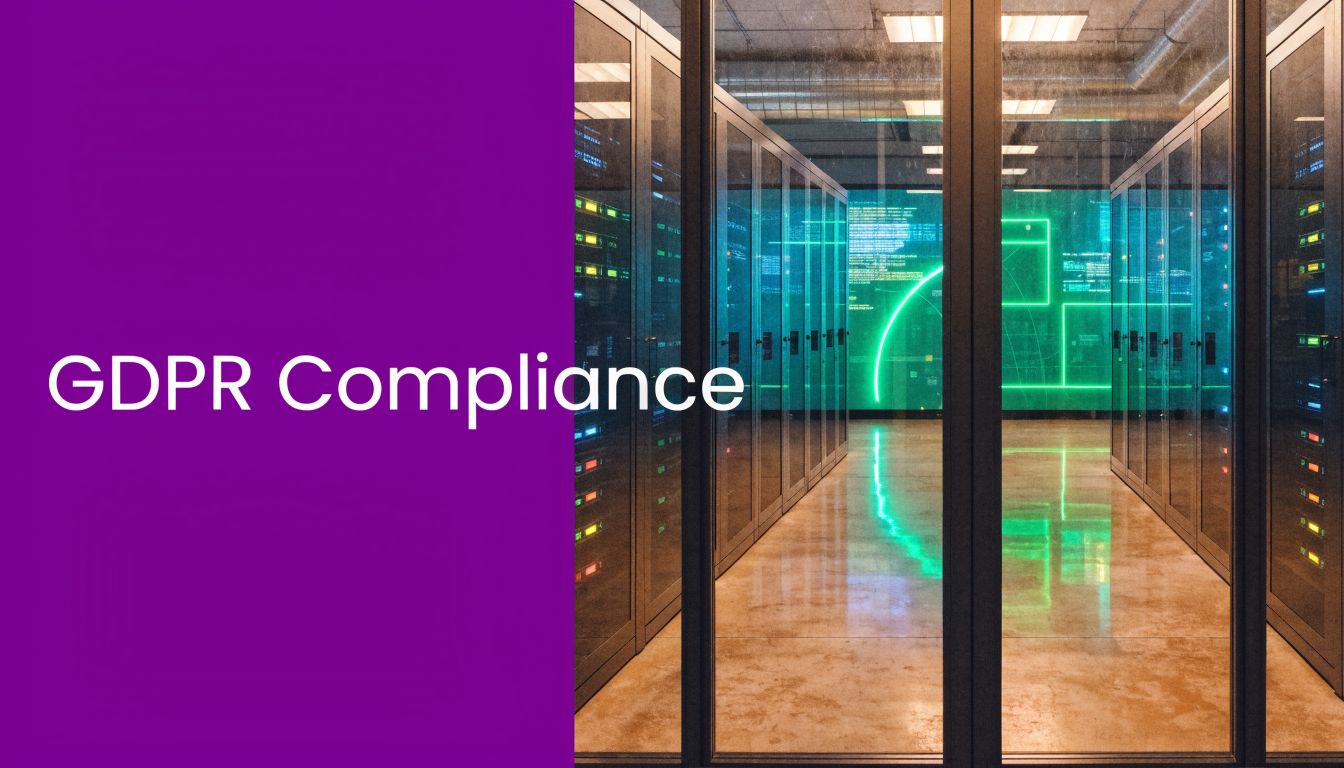 A data center with rows of server racks next to a large purple sign saying GDPR Compliance.