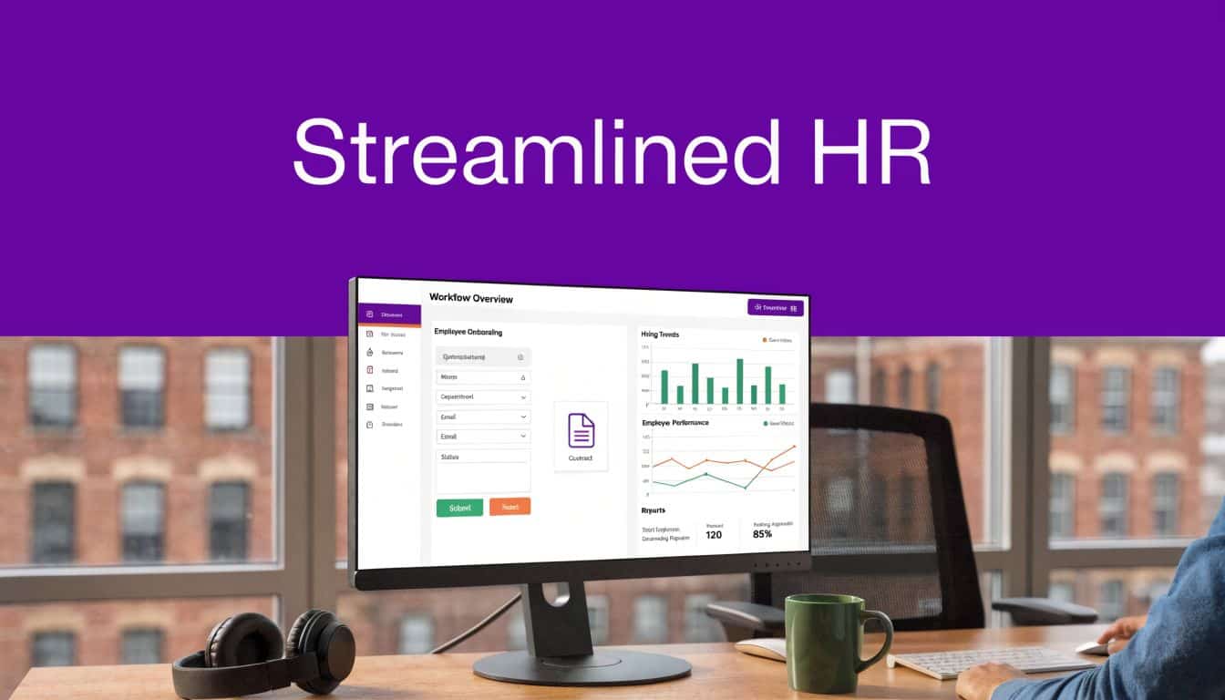 A computer monitor displaying a streamlined HR dashboard for employee onboarding and performance tracking in an office.