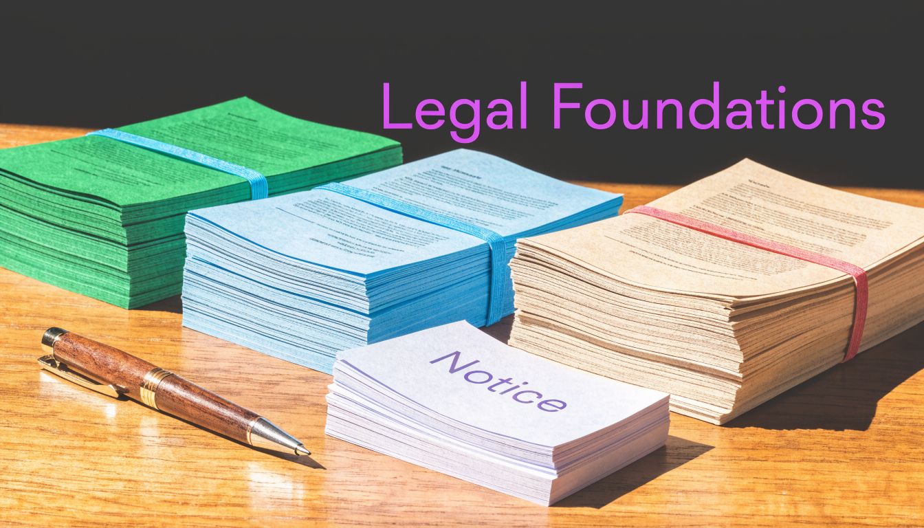 Stacks of colorful document papers secured with rubber bands and a single notice card on a desk.