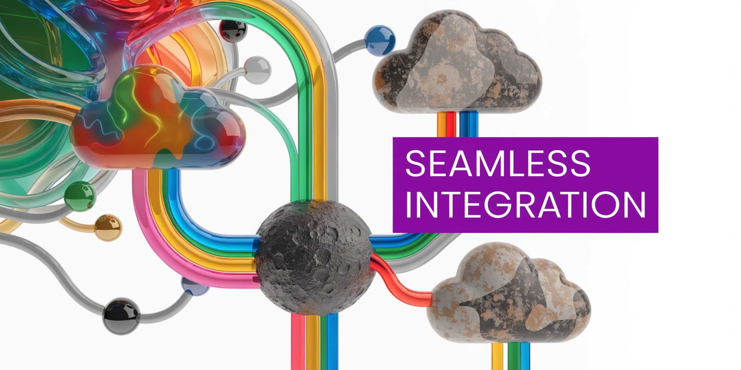 A 3D abstract graphic featuring colorful interconnected pipes, textured clouds, and a sphere representing seamless integration.