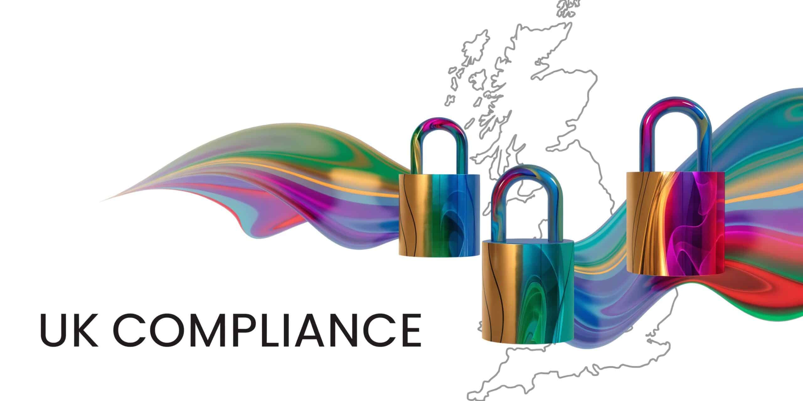 Three colorful 3D locks placed over a map of the United Kingdom representing UK compliance services.