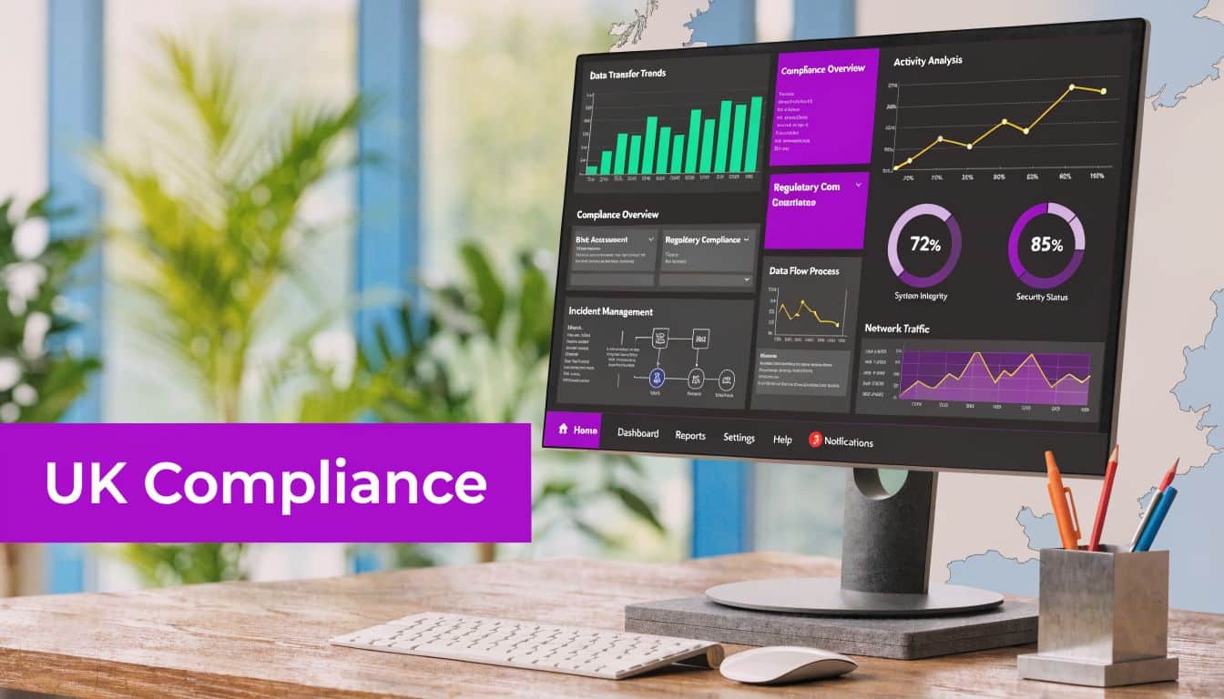 A digital compliance dashboard displayed on a desktop monitor on a wooden desk with office supplies.