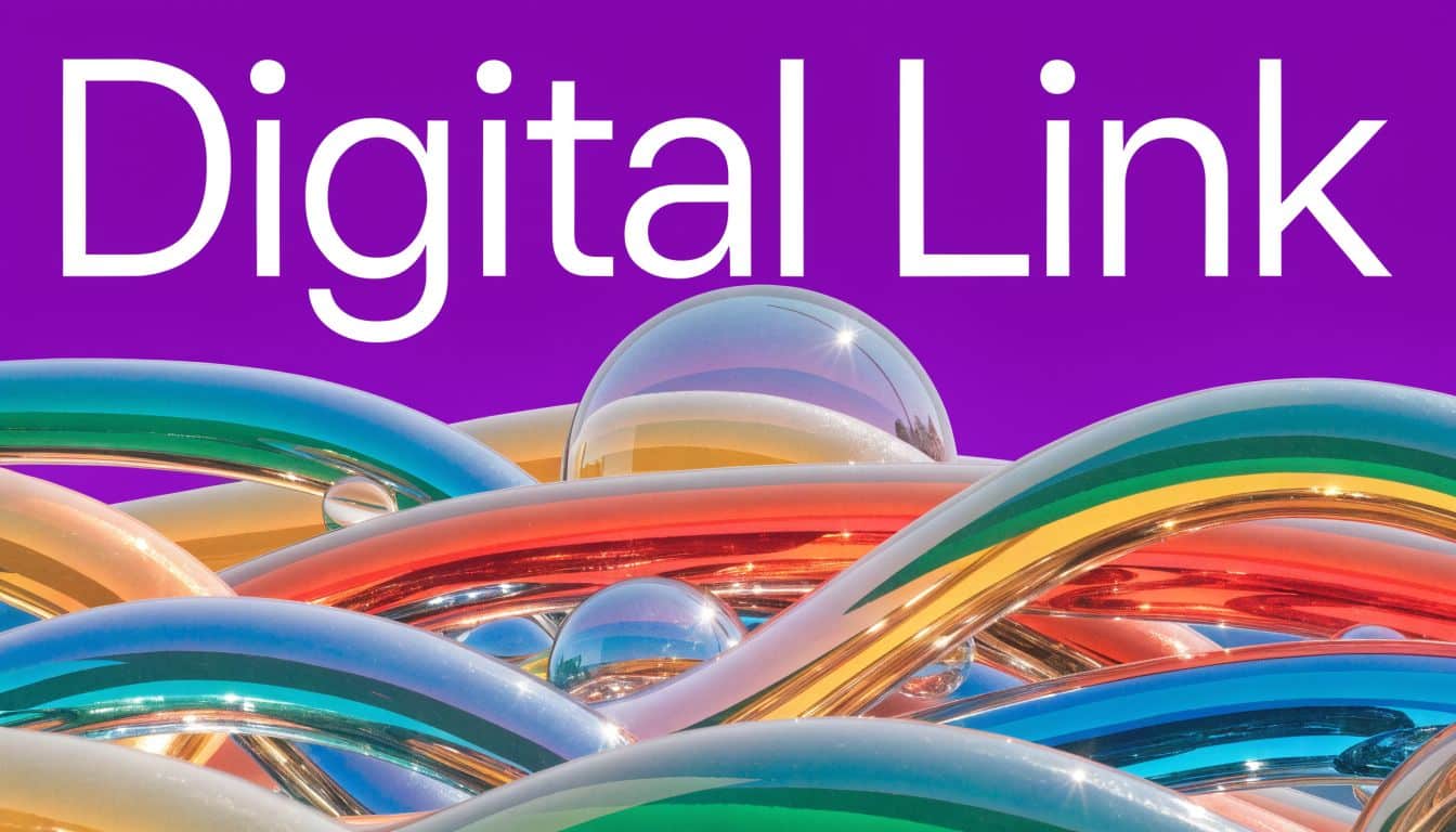 An artistic representation featuring the words Digital Link against a vibrant purple background with glossy colorful tubes.