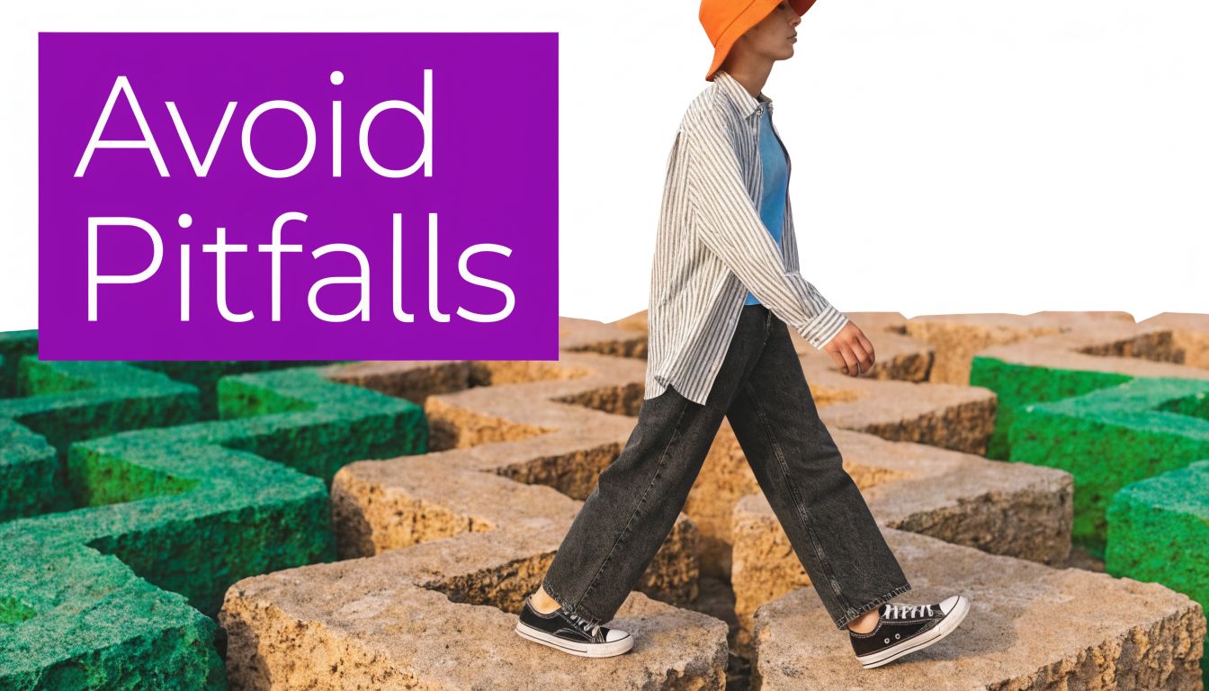 A person wearing a hat walking across stone blocks next to a purple sign saying Avoid Pitfalls.