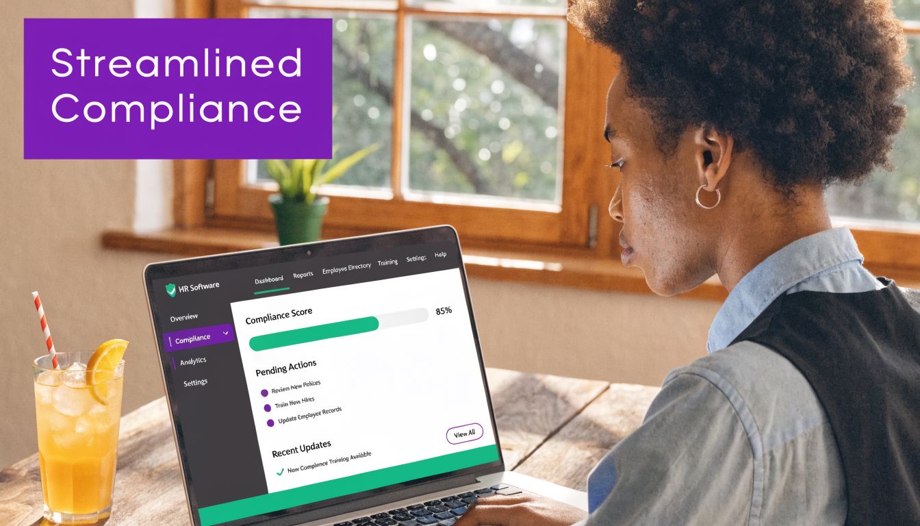 A woman working on a laptop displaying a compliance dashboard for HR software in a bright room.
