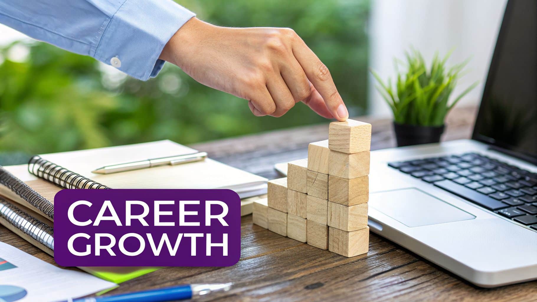 A hand places a wooden block on a growing stack, symbolizing career growth on a wooden desk with a laptop and notebooks.