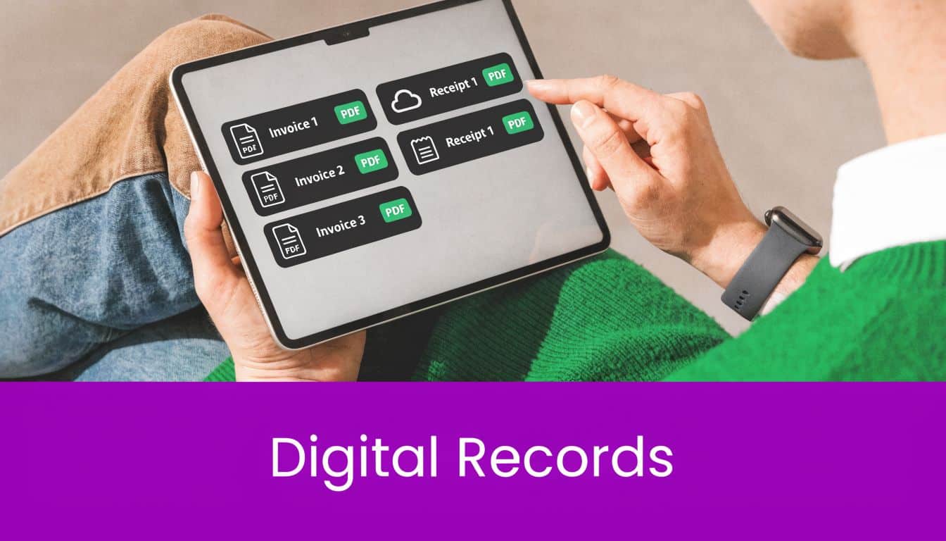 A person using a tablet to organize digital financial records including various invoice and receipt PDF files.