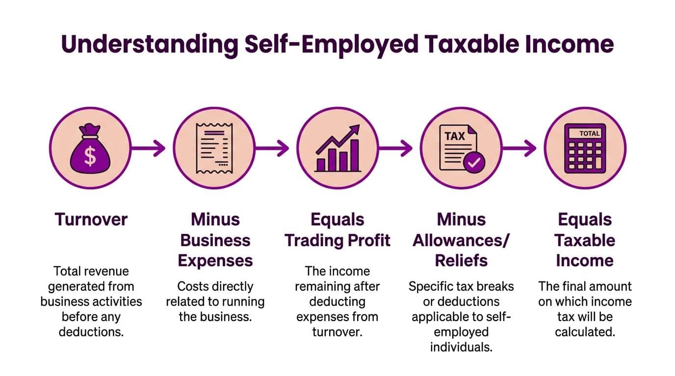 A flowchart explaining how to calculate self-employed taxable income using turnover, expenses, trading profit, and tax reliefs.