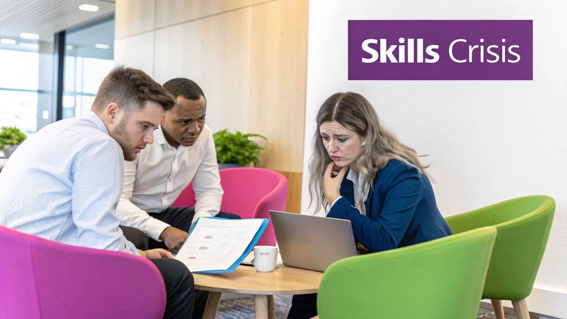 Three diverse professionals discuss documents and a laptop, appearing concerned about a 'Skills Crisis' in a modern office.