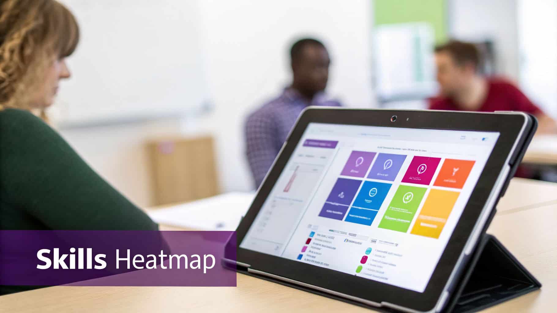 A tablet displays a colorful skills dashboard application, with blurred people in a classroom or office setting.