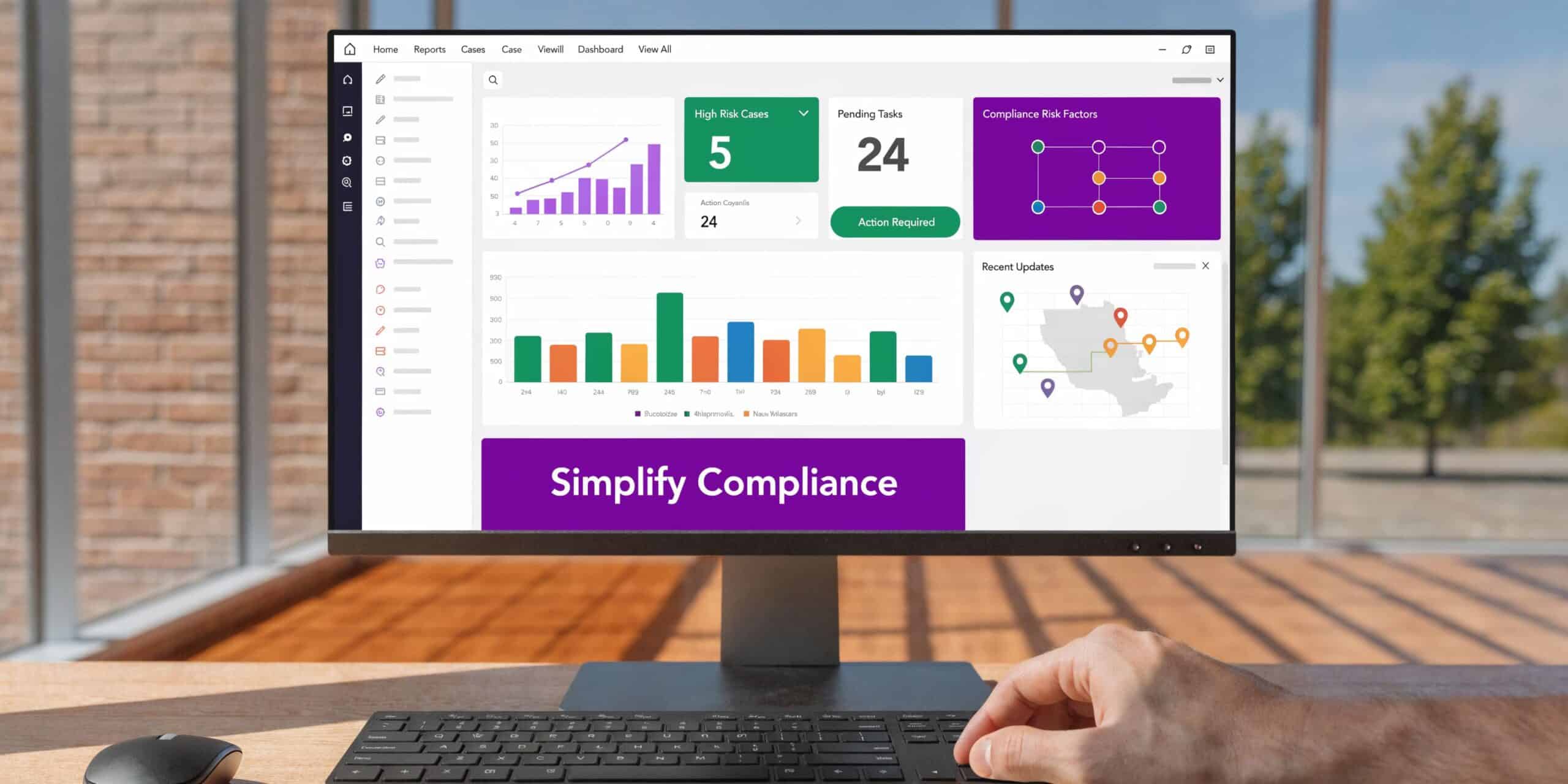A professional desk view showing a computer screen displaying a compliance management dashboard with data charts.