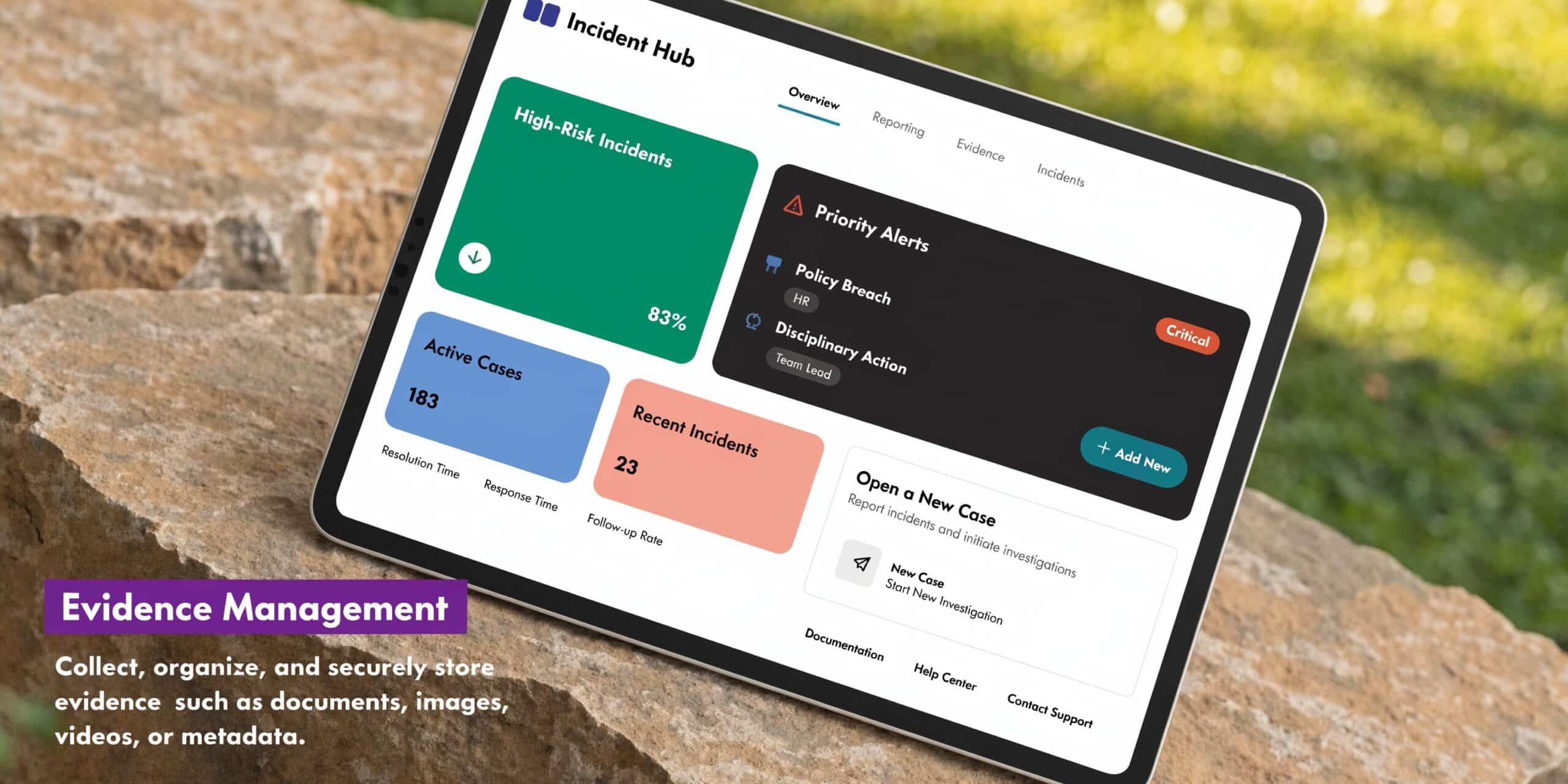A digital tablet displaying an Incident Hub dashboard with metrics for high-risk incidents and active cases.